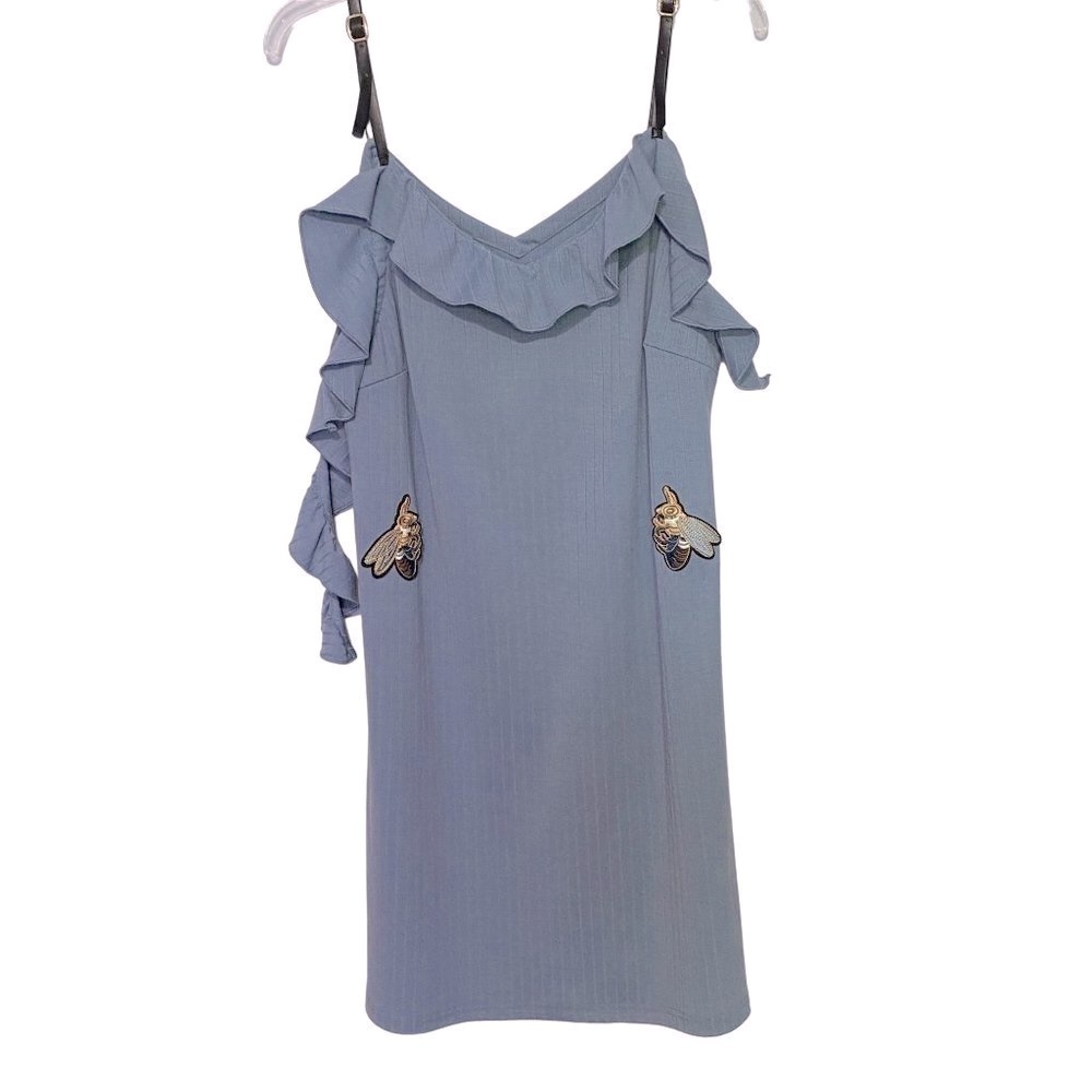 NWT MG Design Blue Ribbed Shift Dress with Ruffle Detail and Bumble Bee Applique